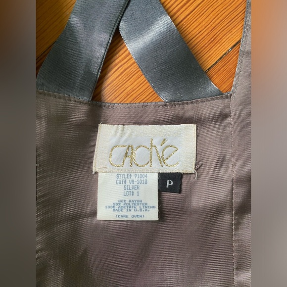 Vtg 90s Cache cosmic metallic silver gray Satin Blazer cutout back Skirt Set - Picture 10 of 14